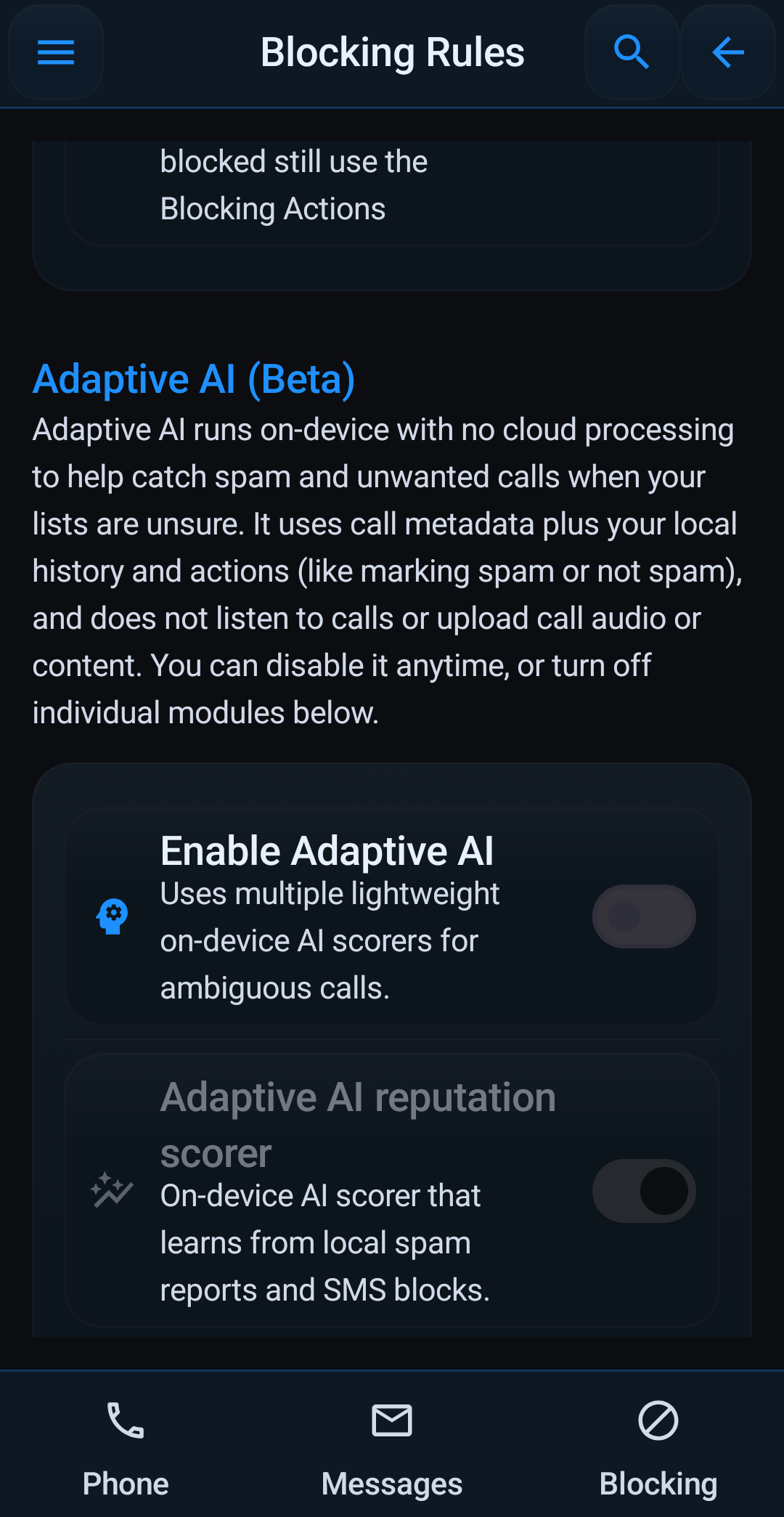 Block Guard: Spam Call Blocker blocking controls on Android with options for spam, unknown numbers, and trusted contacts